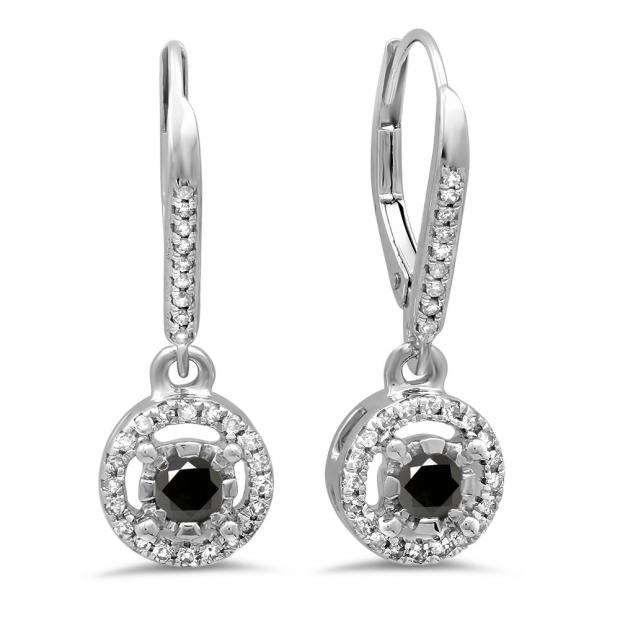 0.50 Carat (ctw) 10K White Gold Round Cut Black & White Diamond Ladies Cluster Halo Style Dangling Drop Earrings 1/2 CT
