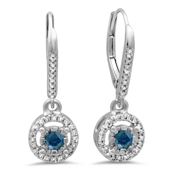 0.50 Carat (ctw) 14K White Gold Round Cut Blue & White Diamond Ladies Cluster Halo Style Dangling Drop Earrings 1/2 CT