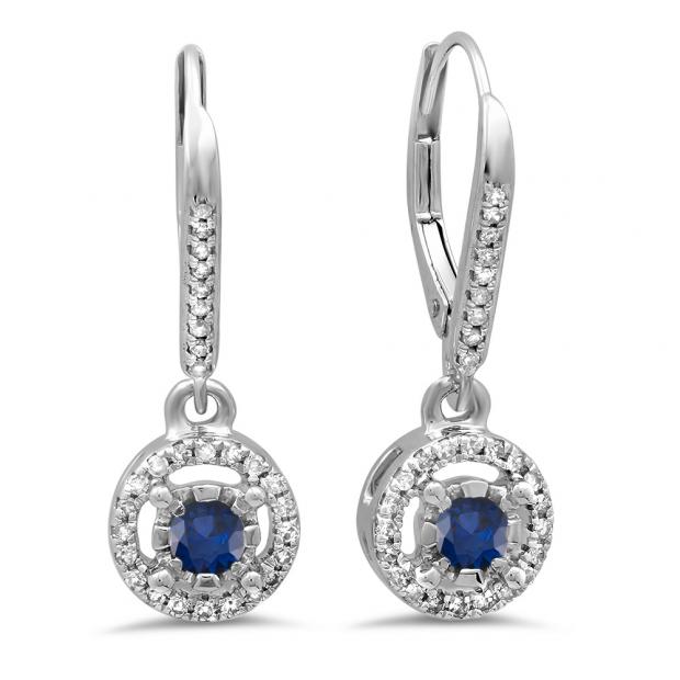 0.50 Carat (ctw) 10K White Gold Round Cut Blue Sapphire & White Diamond Ladies Cluster Halo Style Dangling Drop Earrings 1/2 CT
