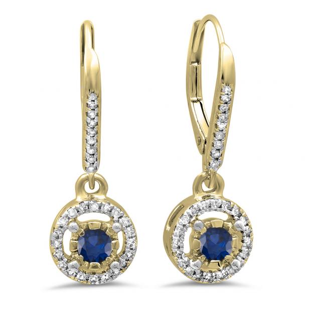 0.50 Carat (ctw) 10K Yellow Gold Round Cut Blue Sapphire & White Diamond Ladies Cluster Halo Style Dangling Drop Earrings 1/2 CT