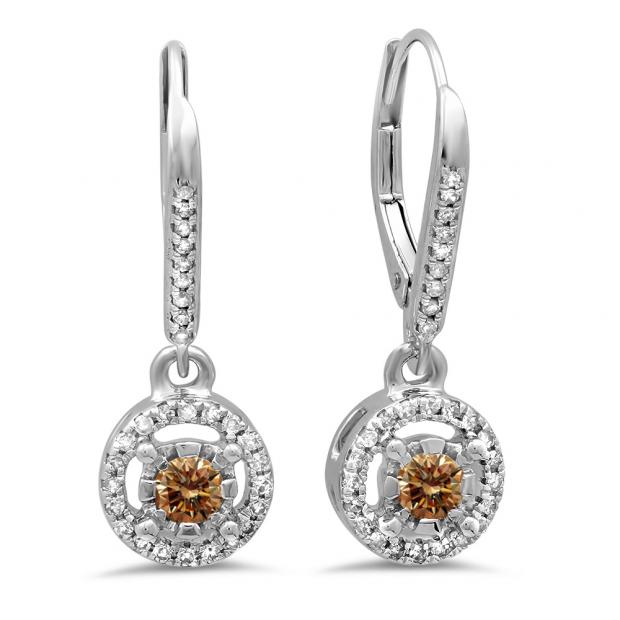 0.50 Carat (ctw) 14K White Gold Round Cut Champagne & White Diamond Ladies Cluster Halo Style Dangling Drop Earrings 1/2 CT
