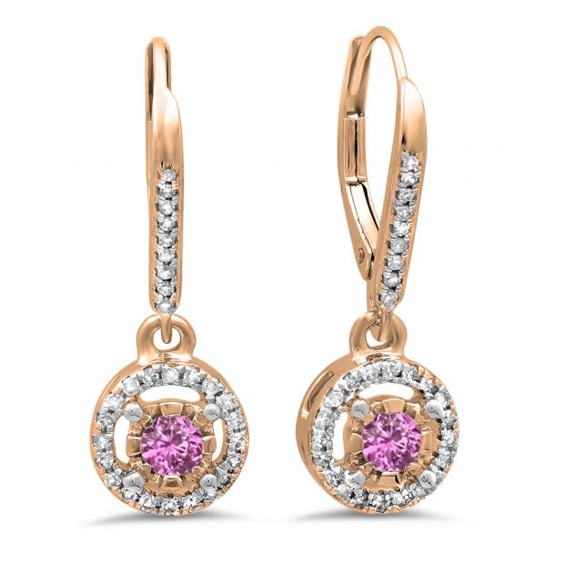 0.50 Carat (ctw) 10K Rose Gold Round Cut Pink Sapphire & White Diamond Ladies Cluster Halo Style Dangling Drop Earrings 1/2 CT