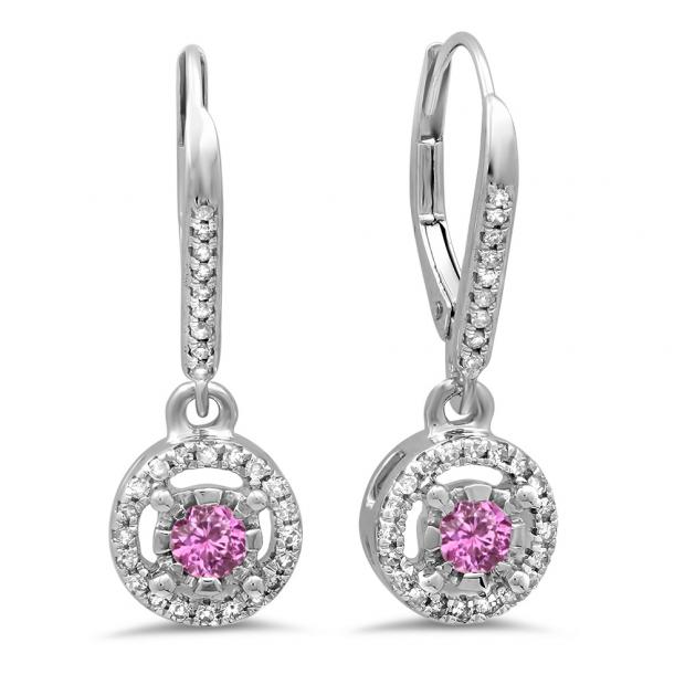 0.50 Carat (ctw) 10K White Gold Round Cut Pink Sapphire & White Diamond Ladies Cluster Halo Style Dangling Drop Earrings 1/2 CT