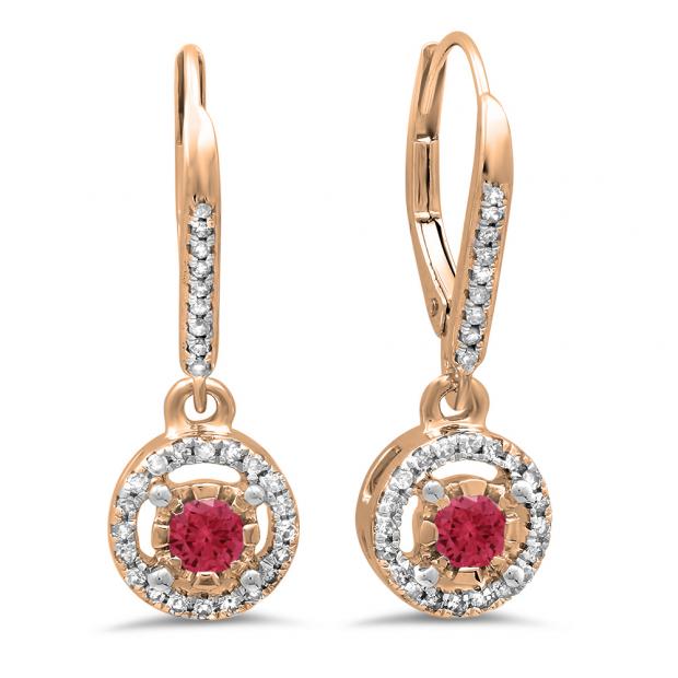 0.50 Carat (ctw) 14K Rose Gold Round Cut Red Ruby & White Diamond Ladies Cluster Halo Style Dangling Drop Earrings 1/2 CT
