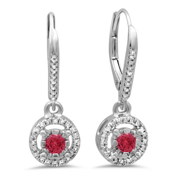 0.50 Carat (ctw) 18K White Gold Round Cut Red Ruby & White Diamond Ladies Cluster Halo Style Dangling Drop Earrings 1/2 CT
