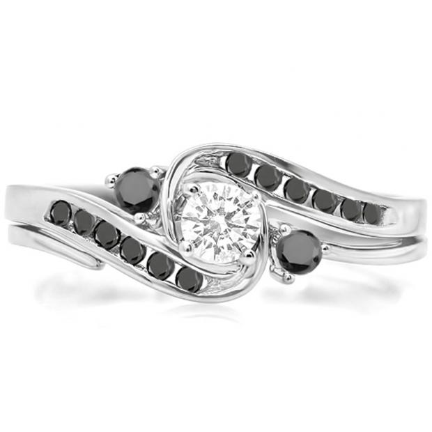 0.50 Carat (ctw) 10k White Gold Round Black And White Diamond Ladies Swirl Bridal Engagement Ring Matching Band Set 1/2 CT