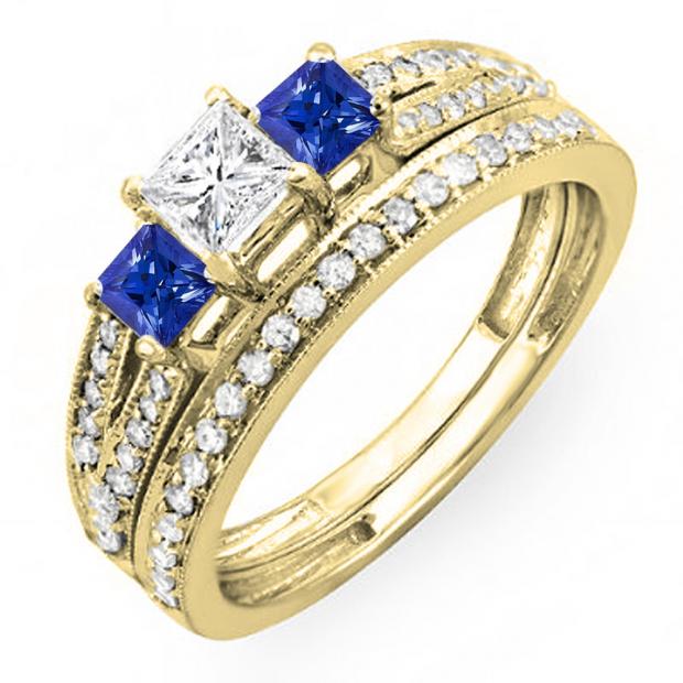 1.00 Carat (ctw) 18K Yellow Gold Princess Cut Blue Sapphire Accent Stone & White Diamond Ladies 3 Stone Bridal Engagement Ring Set Matching Band 1 CT