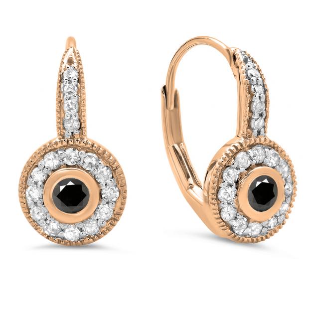 0.45 Carat (ctw) 10K Rose Gold Round Cut Black & White Diamond Ladies Cluster Halo Style Milgrain Drop Earrings 1/2 CT