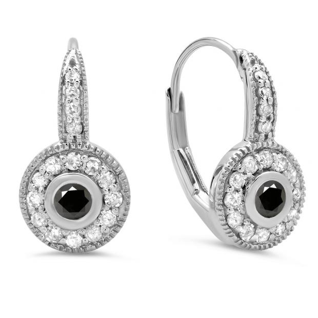 0.45 Carat (ctw) 10K White Gold Round Cut Black & White Diamond Ladies Cluster Halo Style Milgrain Drop Earrings 1/2 CT