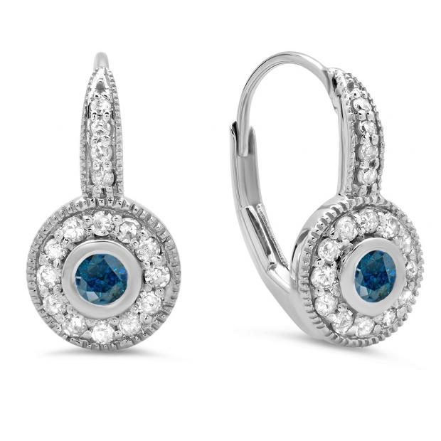 0.45 Carat (ctw) 10K White Gold Round Cut Blue & White Diamond Ladies Cluster Halo Style Milgrain Drop Earrings 1/2 CT