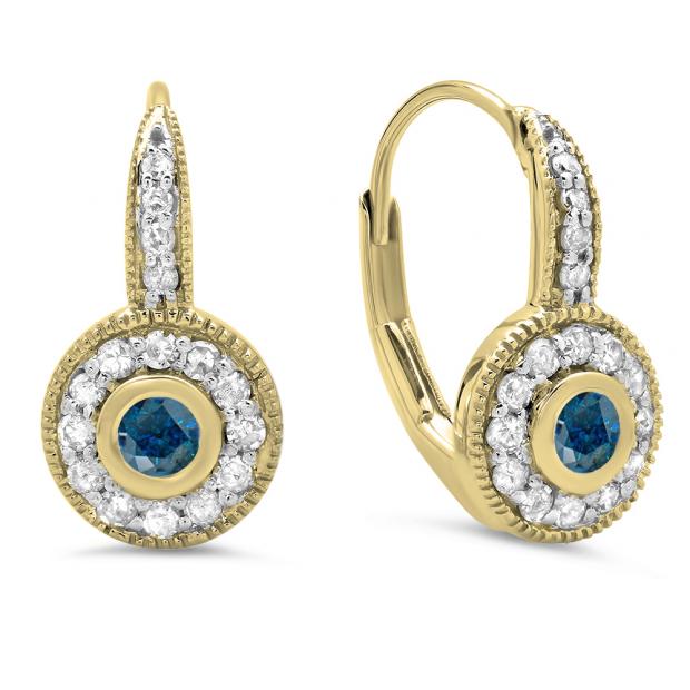 0.45 Carat (ctw) 10K Yellow Gold Round Cut Blue & White Diamond Ladies Cluster Halo Style Milgrain Drop Earrings 1/2 CT