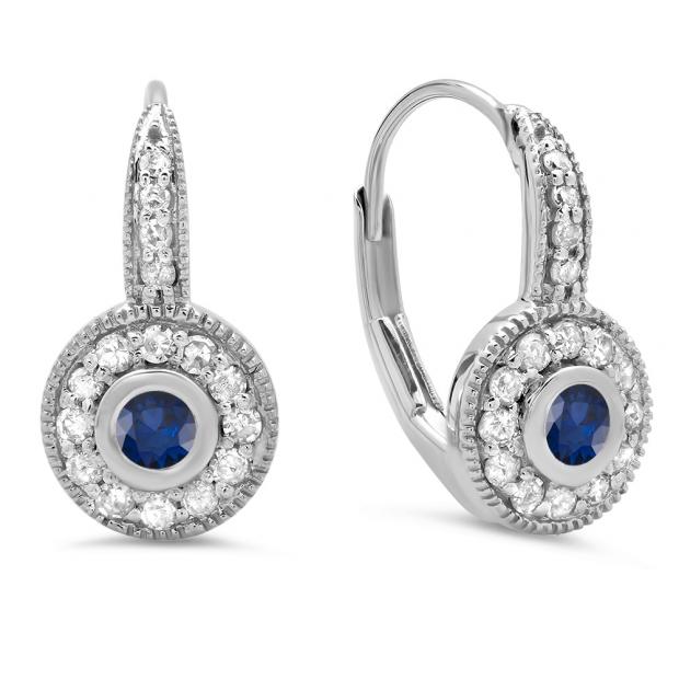 0.45 Carat (ctw) 10K White Gold Round Cut Blue Sapphire & White Diamond Ladies Cluster Halo Style Milgrain Drop Earrings 1/2 CT