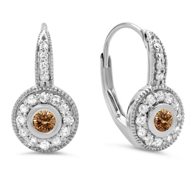 0.45 Carat (ctw) 10K White Gold Round Cut Champagne & White Diamond Ladies Cluster Halo Style Milgrain Drop Earrings 1/2 CT