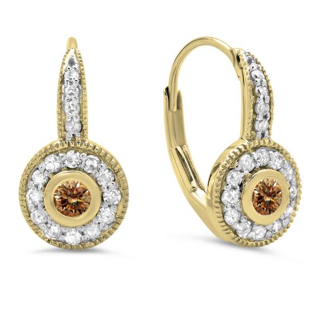 0.45 Carat (ctw) 10K Yellow Gold Round Cut Champagne & White Diamond Ladies Cluster Halo Style Milgrain Drop Earrings 1/2 CT