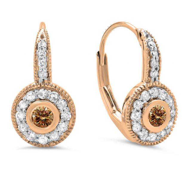 0.45 Carat (ctw) 14K Rose Gold Round Cut Champagne & White Diamond Ladies Cluster Halo Style Milgrain Drop Earrings 1/2 CT