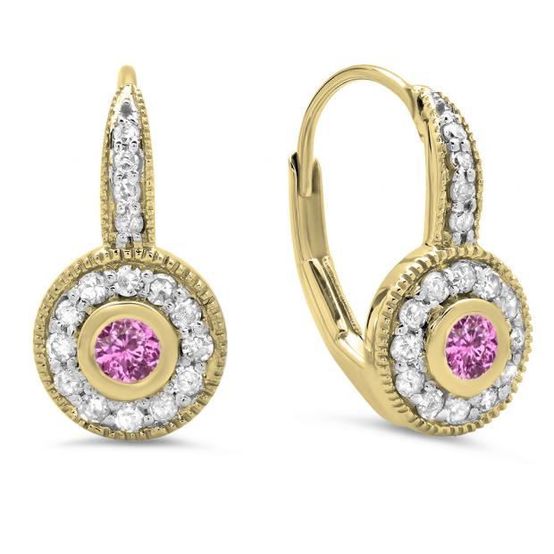 0.45 Carat (ctw) 10K Yellow Gold Round Cut Pink Sapphire & White Diamond Ladies Cluster Halo Style Milgrain Drop Earrings 1/2 CT