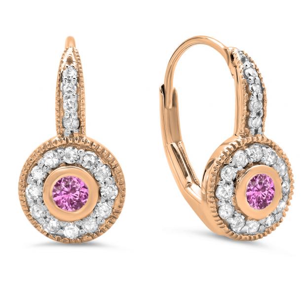 0.45 Carat (ctw) 18K Rose Gold Round Cut Pink Sapphire & White Diamond Ladies Cluster Halo Style Milgrain Drop Earrings 1/2 CT