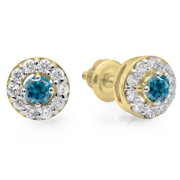 0.50 Carat (ctw) 14K Yellow Gold Real Round Cut Blue & White Diamond Ladies Cluster Stud Earrings 1/2 CT