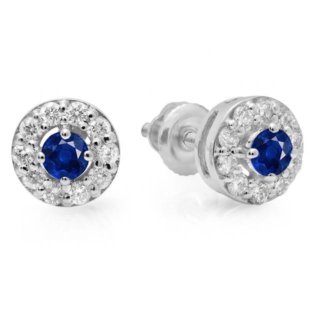 0.50 Carat (ctw) 14K White Gold Real Round Cut Blue Sapphire & White Diamond Ladies Cluster Stud Earrings 1/2 CT