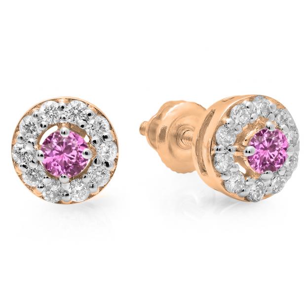 0.50 Carat (ctw) 10K Rose Gold Real Round Cut Pink Sapphire & White Diamond Ladies Cluster Stud Earrings 1/2 CT
