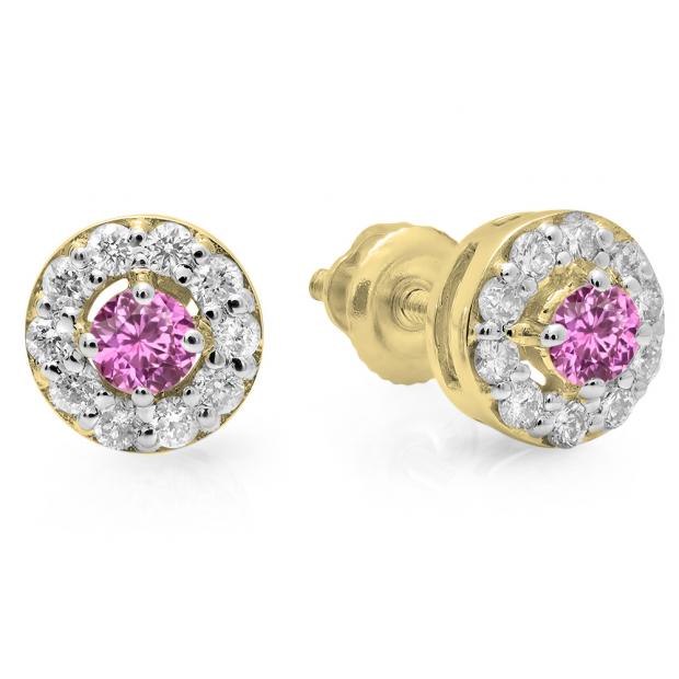 0.50 Carat (ctw) 18K Yellow Gold Real Round Cut Pink Sapphire & White Diamond Ladies Cluster Stud Earrings 1/2 CT