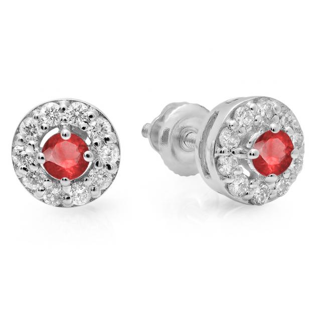 0.50 Carat (ctw) 14K White Gold Real Round Cut Ruby & White Diamond Ladies Cluster Stud Earrings 1/2 CT