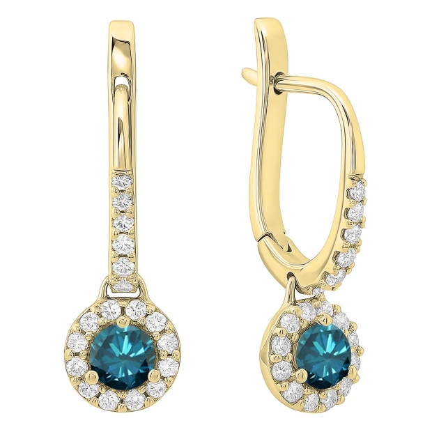 0.45 Carat (ctw) 10K Yellow Gold Round Blue & White Diamond Ladies Halo Style Dangling Drop Earrings 1/2 CT