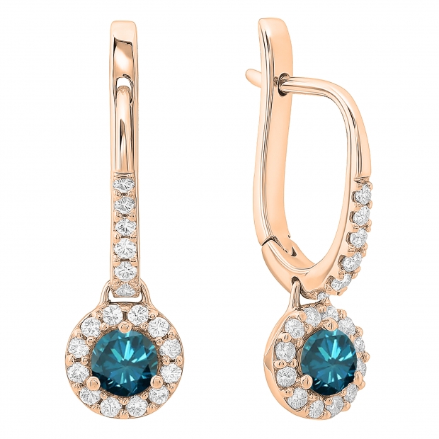 0.45 Carat (ctw) 18K Rose Gold Round Blue & White Diamond Ladies Halo Style Dangling Drop Earrings 1/2 CT