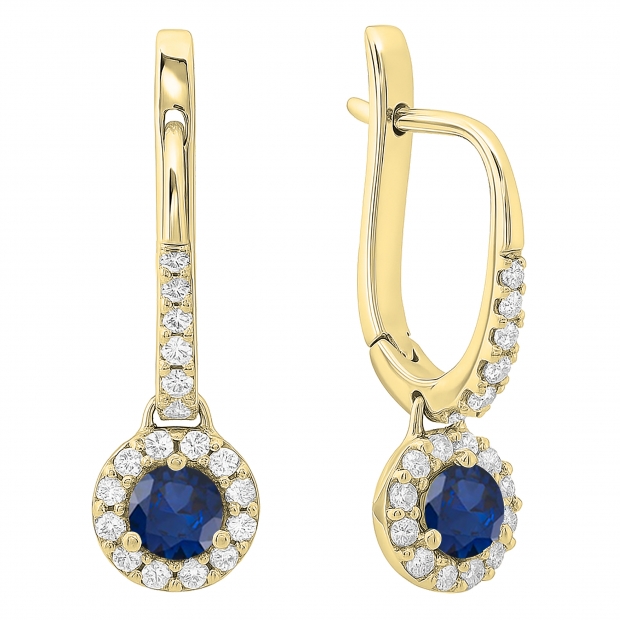 0.45 Carat (ctw) 14K Yellow Gold Round Blue Sapphire & White Diamond Ladies Halo Style Dangling Drop Earrings 1/2 CT