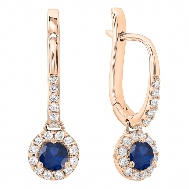 0.45 Carat (ctw) 18K Rose Gold Round Blue Sapphire & White Diamond Ladies Halo Style Dangling Drop Earrings 1/2 CT