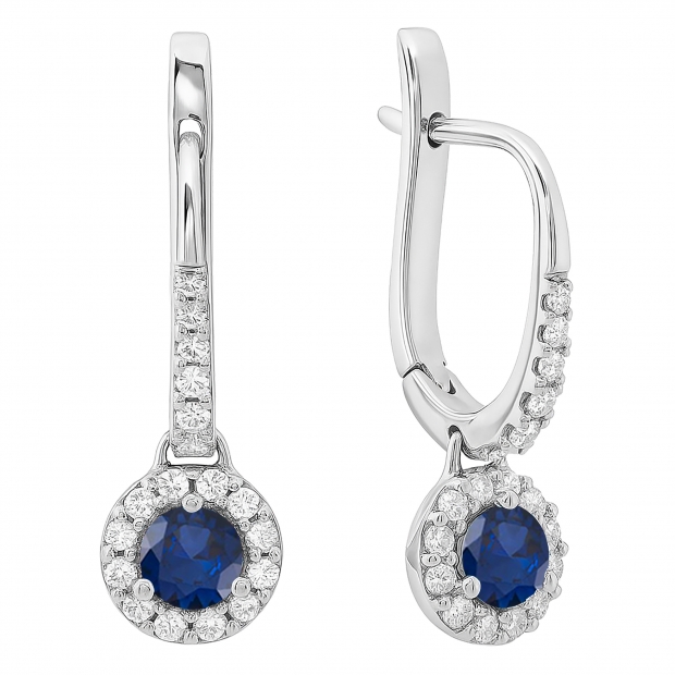 0.45 Carat (ctw) 18K White Gold Round Blue Sapphire & White Diamond Ladies Halo Style Dangling Drop Earrings 1/2 CT