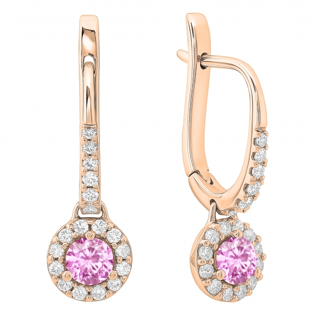 0.45 Carat (ctw) 10K Rose Gold Round Pink Sapphire & White Diamond Ladies Halo Style Dangling Drop Earrings 1/2 CT