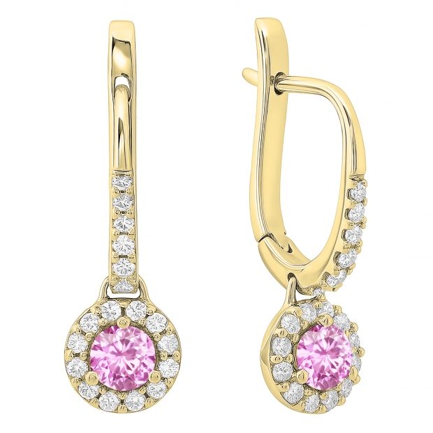 0.45 Carat (ctw) 10K Yellow Gold Round Pink Sapphire & White Diamond Ladies Halo Style Dangling Drop Earrings 1/2 CT