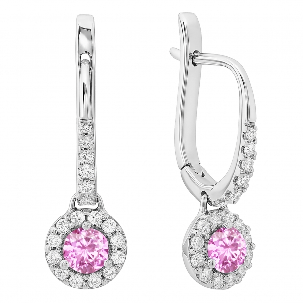 0.45 Carat (ctw) 14K White Gold Round Pink Sapphire & White Diamond Ladies Halo Style Dangling Drop Earrings 1/2 CT