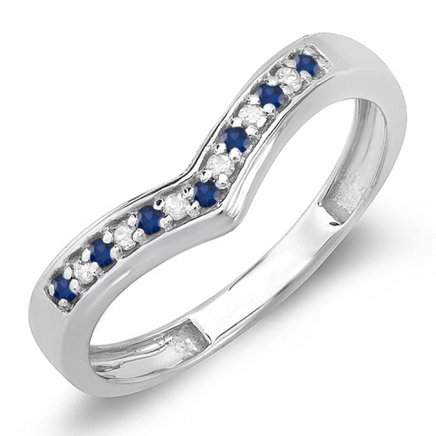 0.15 Carat (ctw) 18K White Gold White Diamond & Blue Sapphire Wedding Stackable Band Anniversary Guard Chevron Ring