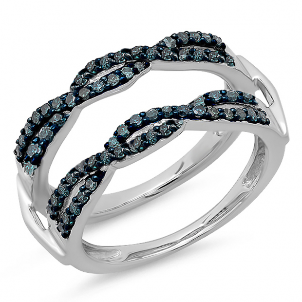0.60 Carat (ctw) 10K White Gold Round Blue Diamond Ladies Swirl Style Anniversary Wedding Band Guard Double Ring