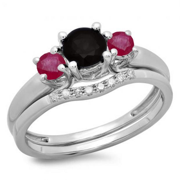 1.15 Carat (ctw) 10K White Gold Round Cut Red Ruby Black & White Diamond Ladies Bridal 3 Stone Engagement Ring With Matching Wedding Band Set