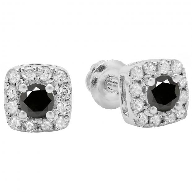 0.50 Carat (ctw) 14K White Gold Round Cut Black & White Diamond Ladies Square Frame Halo Stud Earrings 1/2 CT