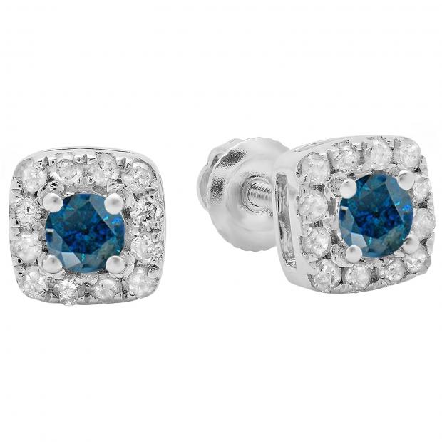0.50 Carat (ctw) 10K White Gold Round Cut Blue & White Diamond Ladies Square Frame Halo Stud Earrings 1/2 CT