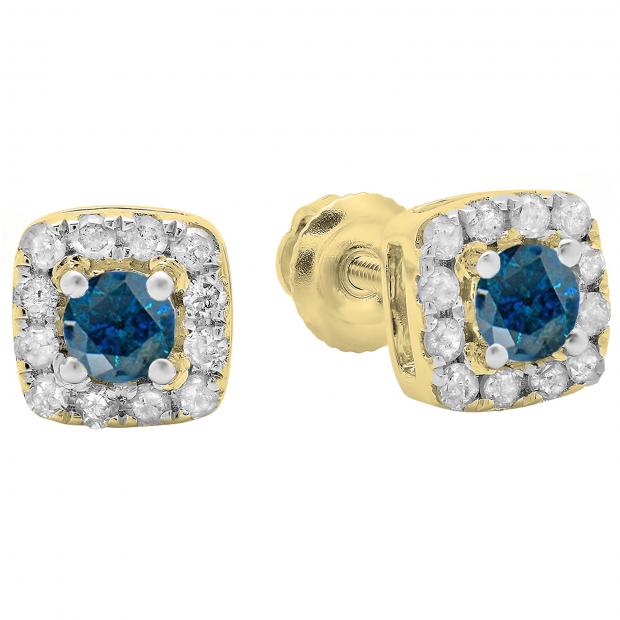 0.50 Carat (ctw) 10K Yellow Gold Round Cut Blue & White Diamond Ladies Square Frame Halo Stud Earrings 1/2 CT