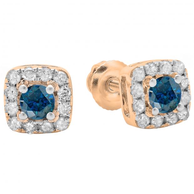 0.50 Carat (ctw) 14K Rose Gold Round Cut Blue & White Diamond Ladies Square Frame Halo Stud Earrings 1/2 CT