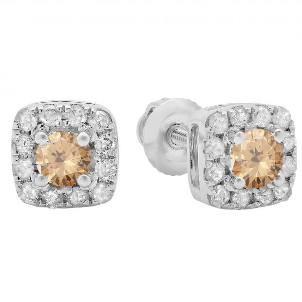 0.50 Carat (ctw) 10K White Gold Round Cut Champagne & White Diamond Ladies Square Frame Halo Stud Earrings 1/2 CT