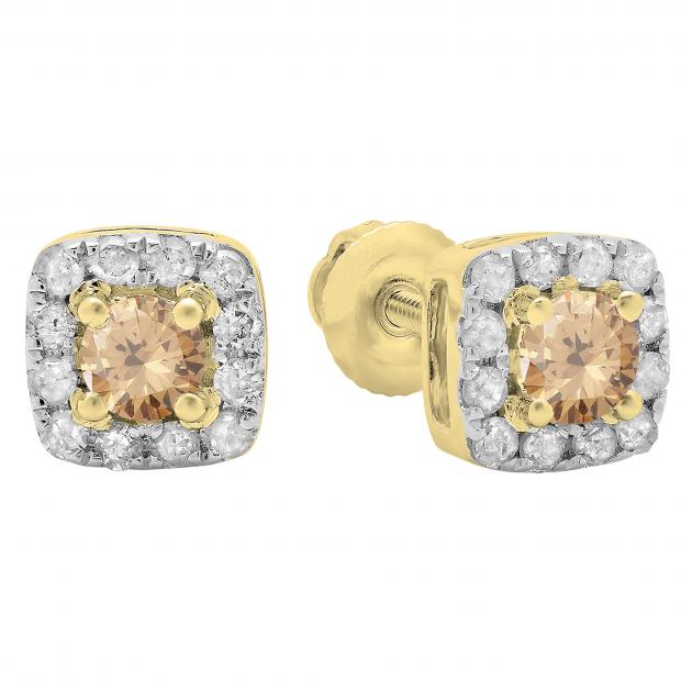0.50 Carat (ctw) 10K Yellow Gold Round Cut Champagne & White Diamond Ladies Square Frame Halo Stud Earrings 1/2 CT