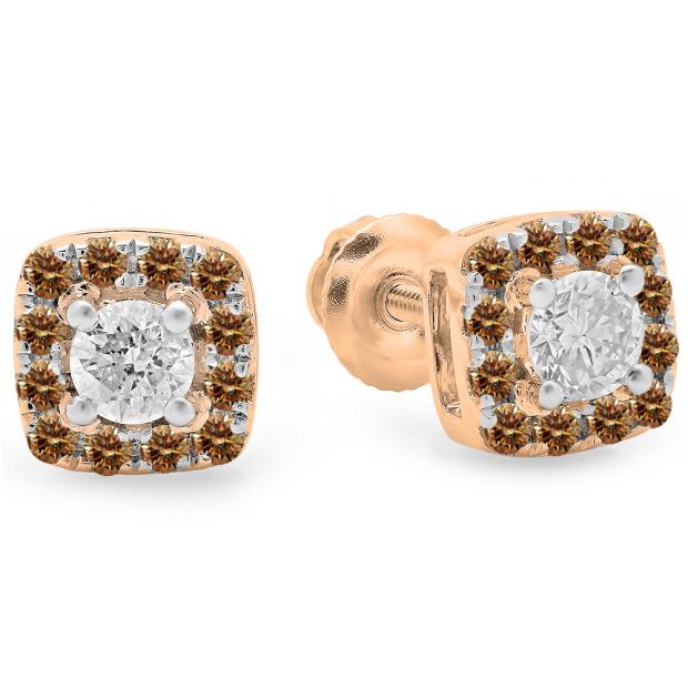 0.50 Carat (ctw) 10K Rose Gold Round Cut Champagne & White Diamond Ladies Square Frame Halo Stud Earrings 1/2 CT