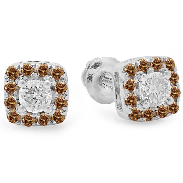 0.50 Carat (ctw) 10K White Gold Round Cut Champagne & White Diamond Ladies Square Frame Halo Stud Earrings 1/2 CT