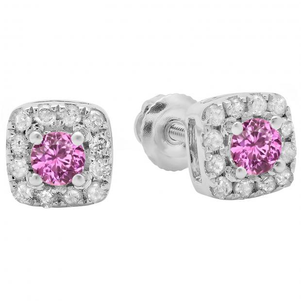0.50 Carat (ctw) 14K White Gold Round Cut Pink Sapphire & White Diamond Ladies Square Frame Halo Stud Earrings 1/2 CT