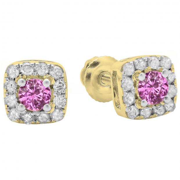 0.50 Carat (ctw) 14K Yellow Gold Round Cut Pink Sapphire & White Diamond Ladies Square Frame Halo Stud Earrings 1/2 CT