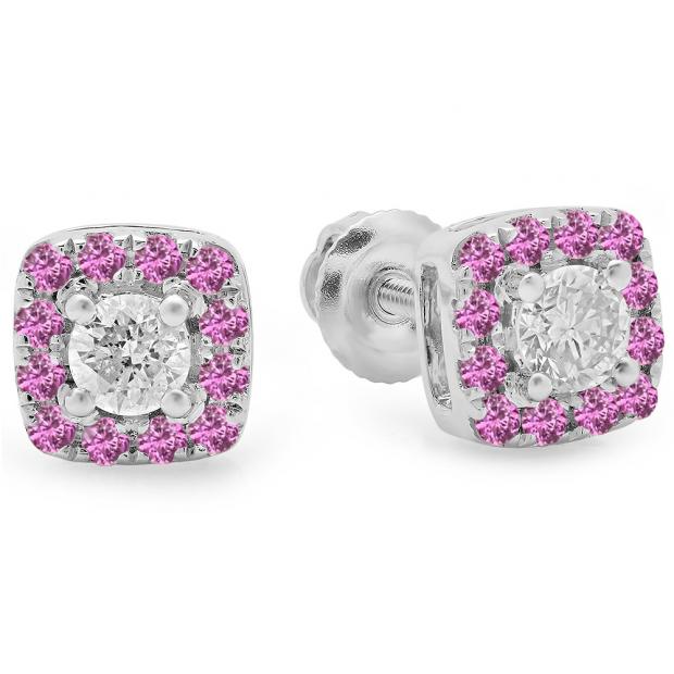 0.50 Carat (ctw) 18K White Gold Round Cut Pink Sapphire & White Diamond Ladies Square Frame Halo Stud Earrings 1/2 CT