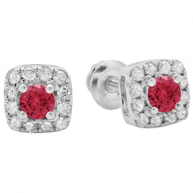 0.50 Carat (ctw) 18K White Gold Round Cut Ruby & White Diamond Ladies Square Frame Halo Stud Earrings 1/2 CT