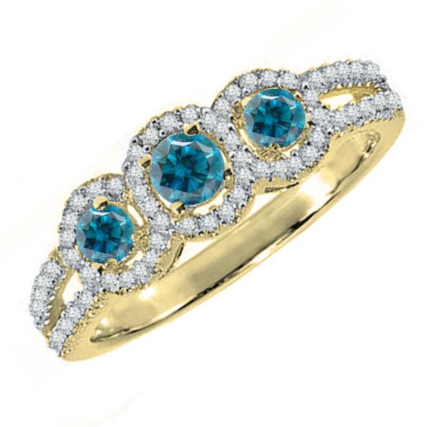 0.50 Carat (ctw) 10K Yellow Gold Round Blue & White Diamond Ladies 3 Stone Split Shank Engagement Bridal Ring 1/2 CT